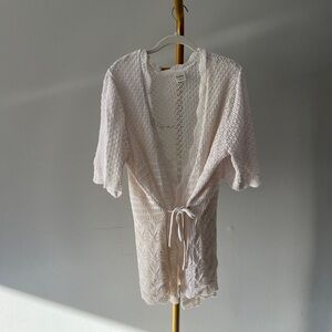 Blair White Crochet Open-Knit Cardigan Sweater Short Sleeve Tie Front L